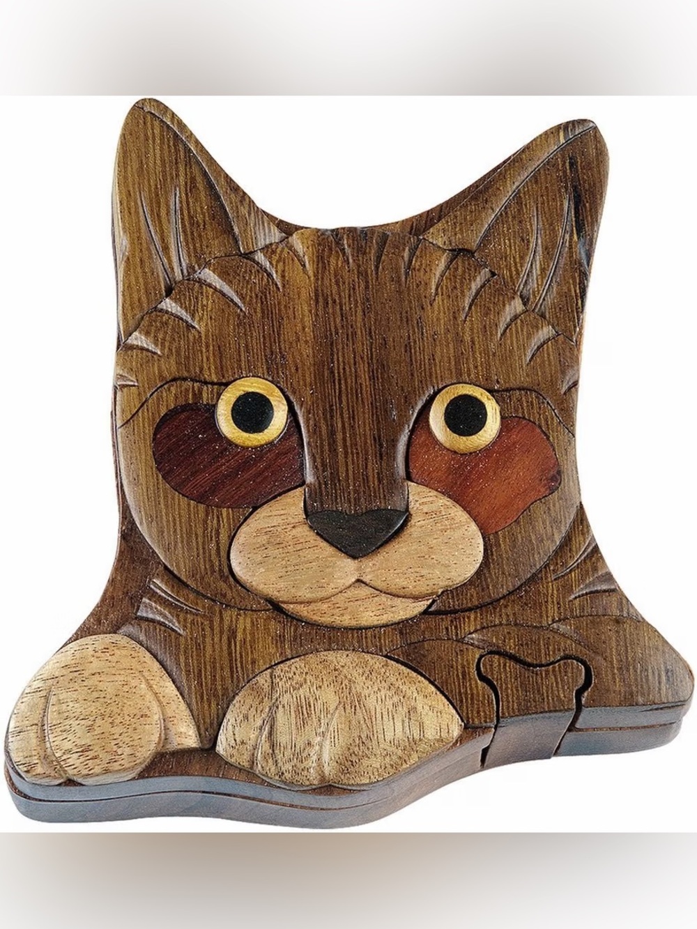 Hand Carved Cat Box Gift Keepsake Jewelry Box Compartment  Natural Artisan Wood